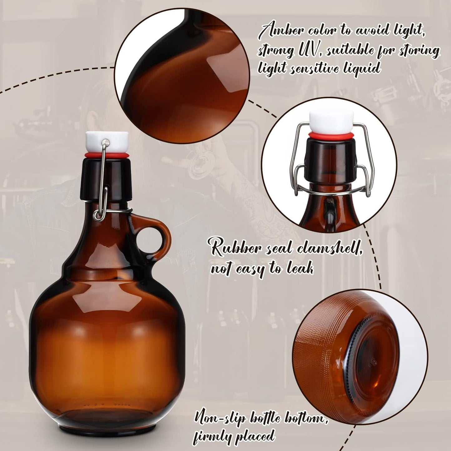 4 Pcs Growlers for Beer Amber Glass Bottles Beer Bottles Glass Jar with Lid Glass Jugs Soda Cider Alcohol Wine Home Brewing Fermenting (34 oz)