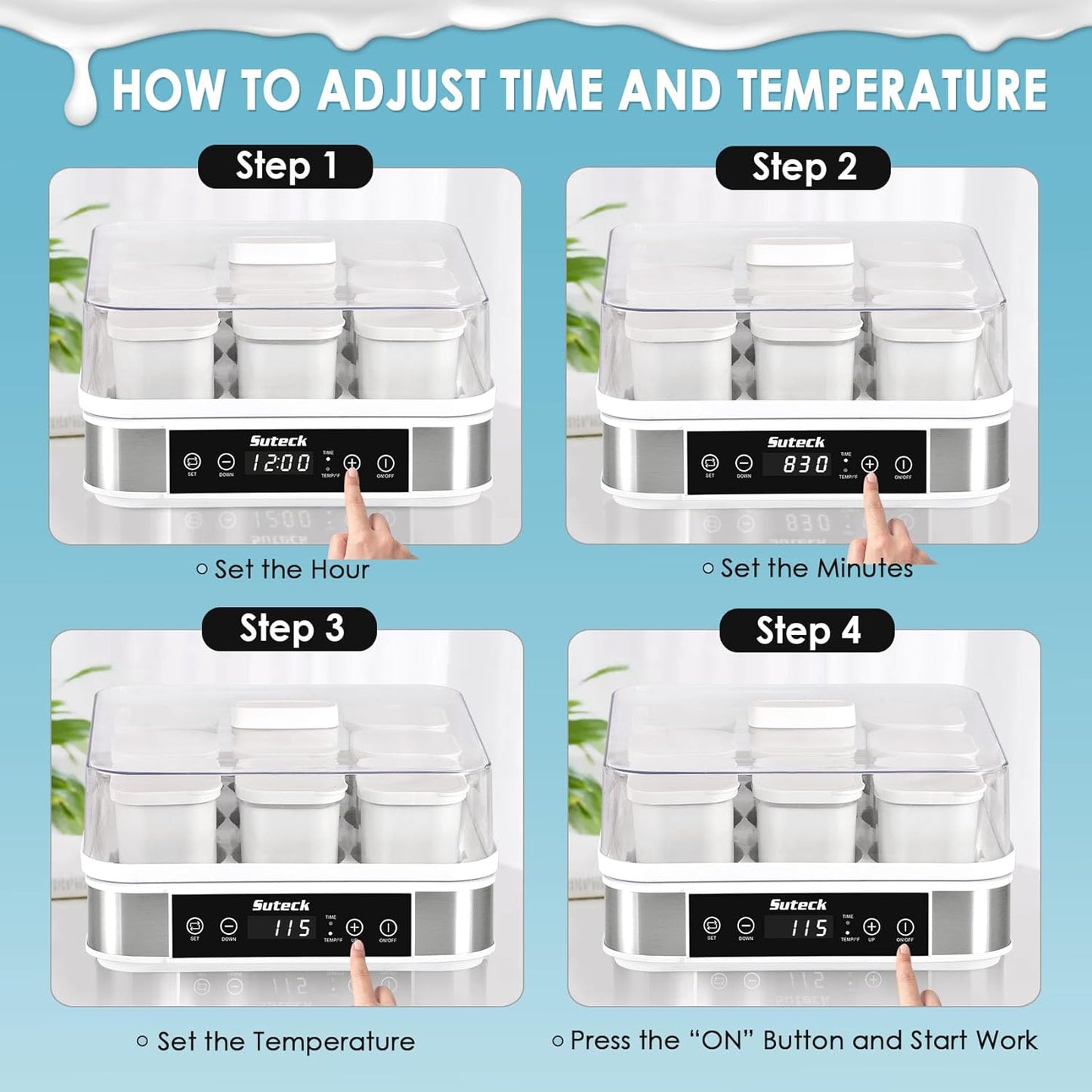 Suteck Yogurt Maker, Greek Yogurt Maker with Temperature Control & Timer, Automatic Digital Yogurt Makers with 9 Glass Jars, 2 Spoons & Recipe, Perfect for Home Organic Yogurt, Cheese/Natto Maker.