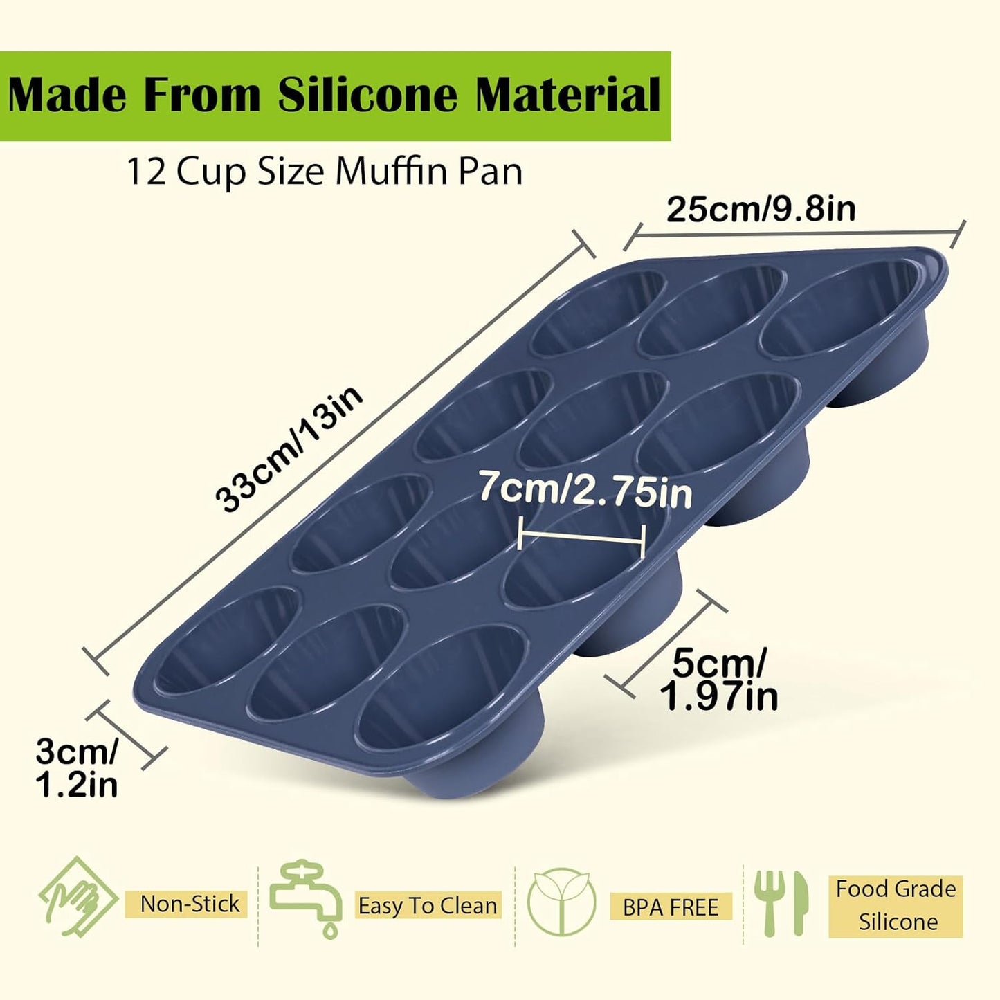 2 Pack Silicone Muffin Baking Pan & Cupcake Tray 12 Cup - Nonstick Cake Molds/Tin, Silicon Bakeware, BPA Free, Dishwasher & Microwave Safe (12 Cup Size, Grey)