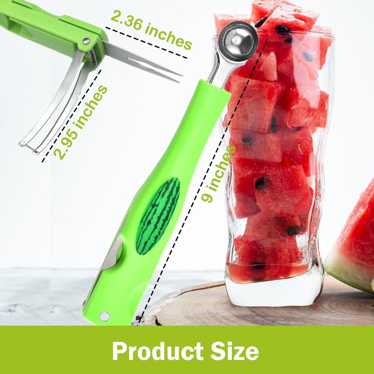 Watermelon Slicer Cutter Knife with Melon Baller Scoop Set，Fruit Scooper Watermelon Knife for Ice Cream Melon，Dig Pulp Separator Fruit Slice