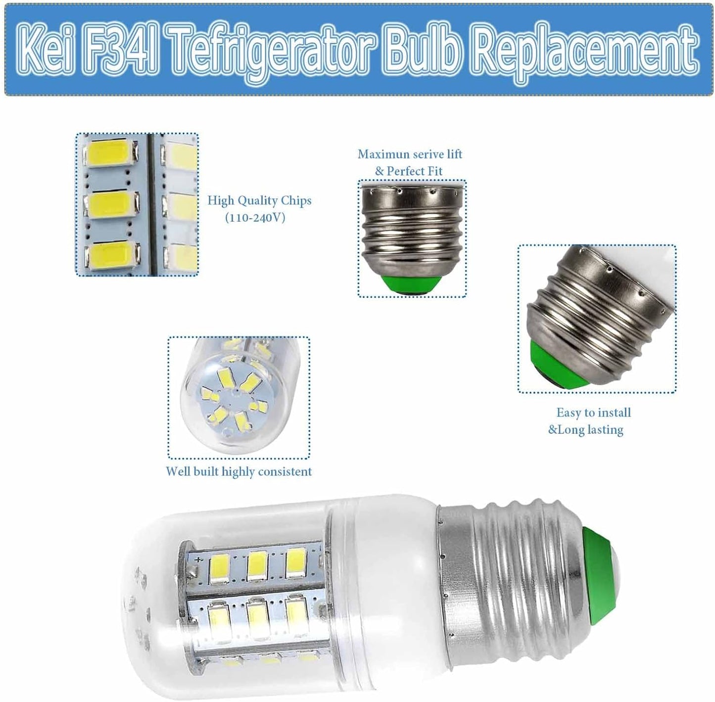 𝙐𝙥𝙜𝙧𝙖𝙙𝙚𝙙 𝗞𝗘𝗜 𝗗𝟯𝟰𝗟 𝗥𝗲𝗳𝗿𝗶𝗴𝗲𝗿𝗮𝘁𝗼𝗿 𝗕𝘂𝗹𝗯 Replacement for Electrolux Frigidaire Refrigerator LED Light Bulb 5304511738 AP6278388 (85V-265V White Light) - 2 Pack