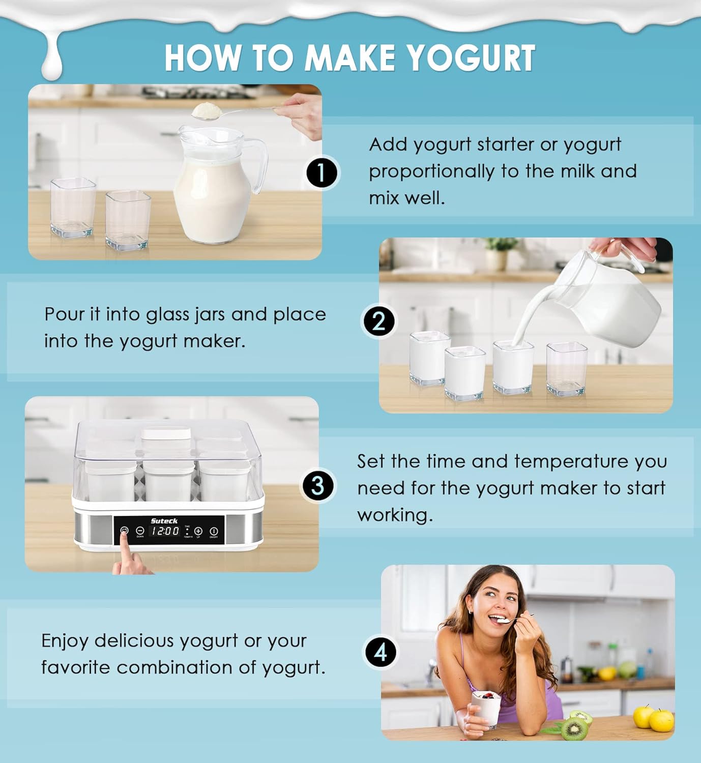 Suteck Yogurt Maker, Greek Yogurt Maker with Temperature Control & Timer, Automatic Digital Yogurt Makers with 9 Glass Jars, 2 Spoons & Recipe, Perfect for Home Organic Yogurt, Cheese/Natto Maker.