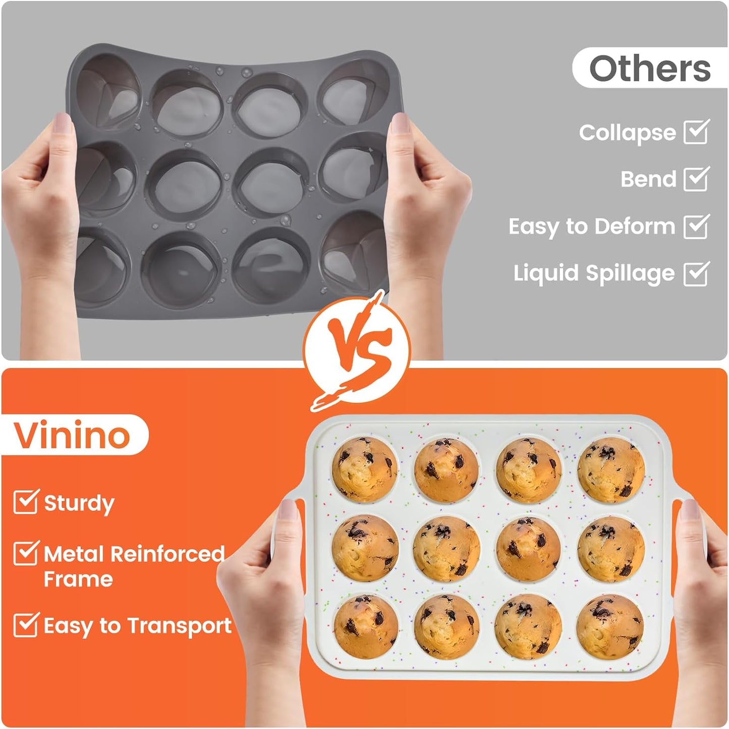 2Pack Small Silicone Muffin Pans with Metal Reinforced Frame, 12 Cup Easy to Release Silicone Cupcake Pan, BPA Free Silicone Muffin Tray, Cupcake Baking Pan for Oven Dishwasher Safe