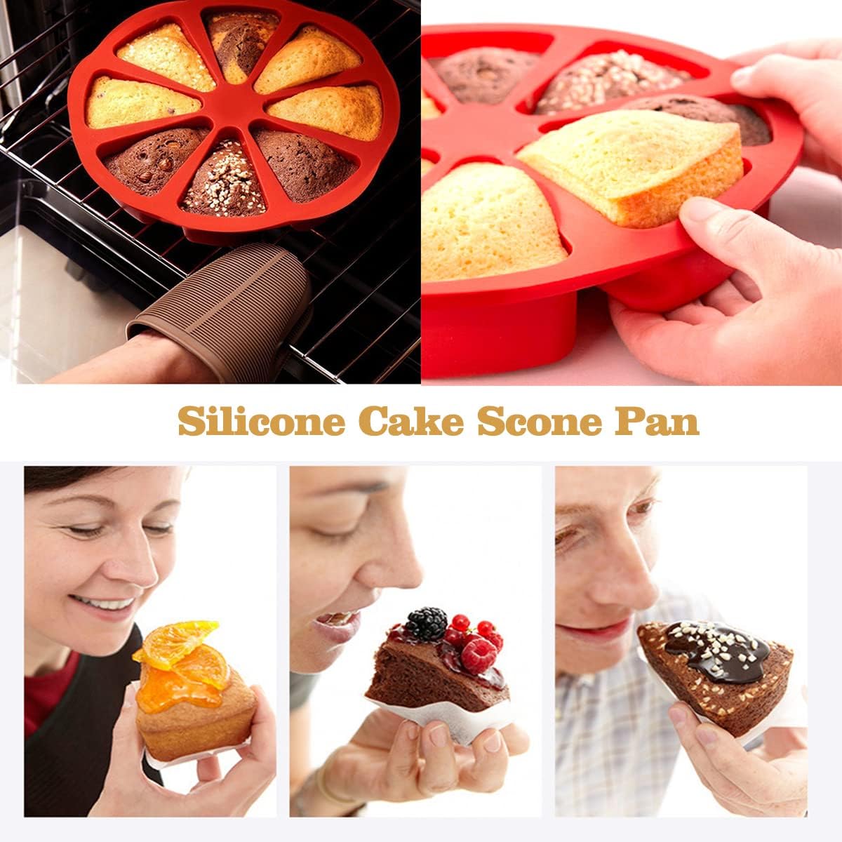 2PCS Silicone Scone Pan, Non-stick Cake Baking Mold, Triangle 8 Cavity Pizza Pan, Food-grade Silicone Mold Specialty and Novelty Cake Pan for Brownies Muffins, Cheesecake, BPA Free Bakeware