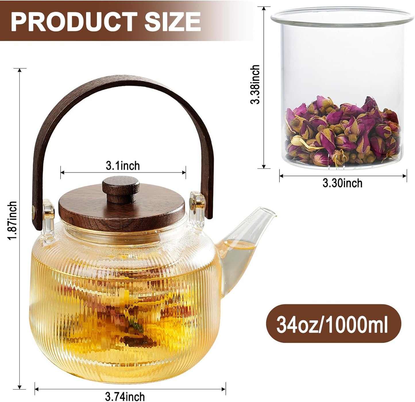 1000ml/34oz Glass Teapot Set with 2 Teacups & Removable Infuser, Heatproof Borosilicate Glass Tea Pot, Tea Maker for Loose Leaf & Blooming Tea