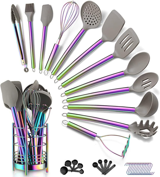 38 Piece Silicone kitchen Cooking Utensils Set with Utensil Crocks, Silicone Head and Stainless Steel Handle Cookware, Kitchen Tools for Utensil Set, Non-Stick kitchen Gadgets,Dishwasher Safe(Rainbow)