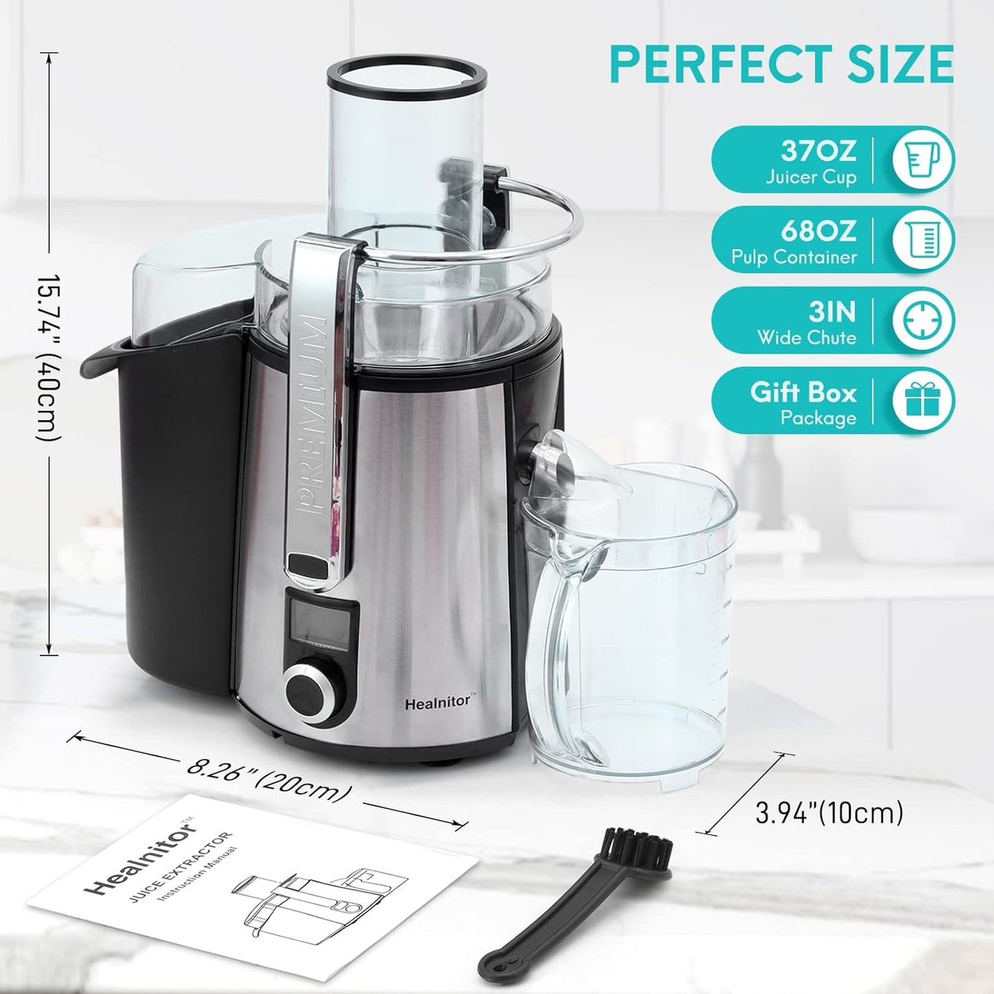 1000W 5-SPEED LCD Screen Centrifugal Juicer Machines Vegetable and Fruit, Healnitor Juice Extractor with Big Adjustable 3" Wide Chute, Easy Clean, BPA-Free, High Juice Yield, Silver