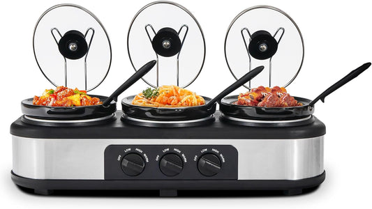 Triple Slow Cooker, Buffet Server Food Warmer, 3 * 1.5QT Slow Cooker with Ceramic Pot, 3 Modes Adjustable Temp, Dishwasher Safe, Removeable Glass Lid and 3 PVC Spoons,Stainless Steel