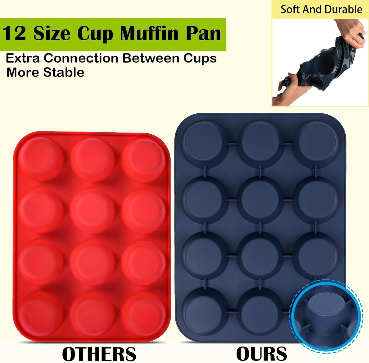 2 Pack Silicone Muffin Baking Pan & Cupcake Tray 12 Cup - Nonstick Cake Molds/Tin, Silicon Bakeware, BPA Free, Dishwasher & Microwave Safe (12 Cup Size, Grey)