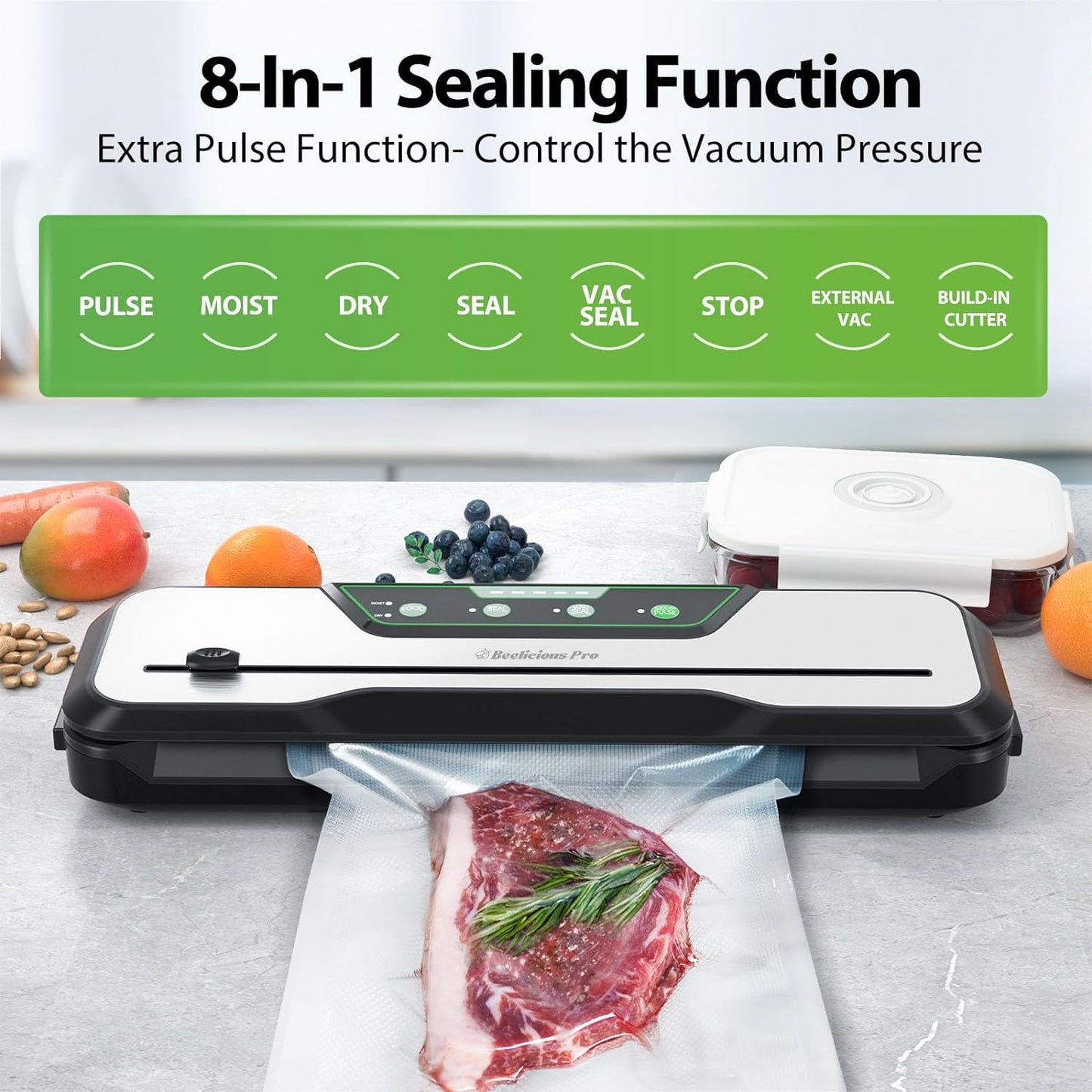 Automatic Food Vacuum Sealer Machine | Beelicious Pro® 80KPa 8-In-1 Food Vacuum Saver with Starter Kits | 15 Bags, Pulse Function, Moist&Dry Mode and External VAC for Jars and Containers
