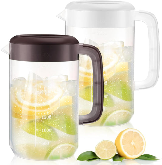 2Pcs Plastic Pitcher with Lid Large Clear Water Carafe Jug Ice Tea Pitcher Lemonade Juice Beverage Jar with Strainer Cover Handle Measurements for Hot Cold Coffee Drink (Coffee, White,1 Gallon/4L)
