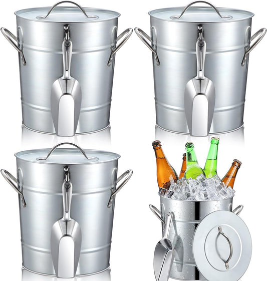 4 Pcs Insulated Ice Bucket 5.3 QT/ 5 L, Galvanized Ice Buckets For Parties, Metal Bucket Cooler Drink Tub with Lid, Scooper, Stainless Steel Wine Cooler Bucket for Cocktail Bar Beverage Champagne
