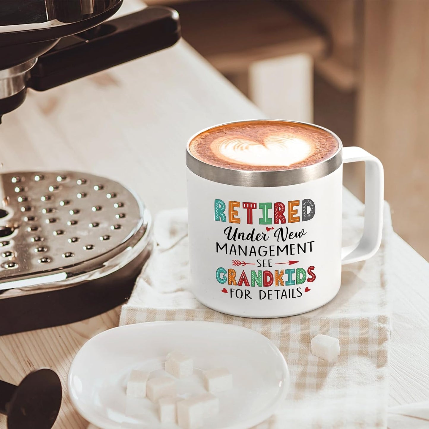 Lifecapido Retirement Gifts for Women, Retired Under New Management See Grandkids for Details Insulated Coffee Mug 14oz, Funny Happy Retirement Gifts Christmas Mothers Day Gifts for Grandma, White