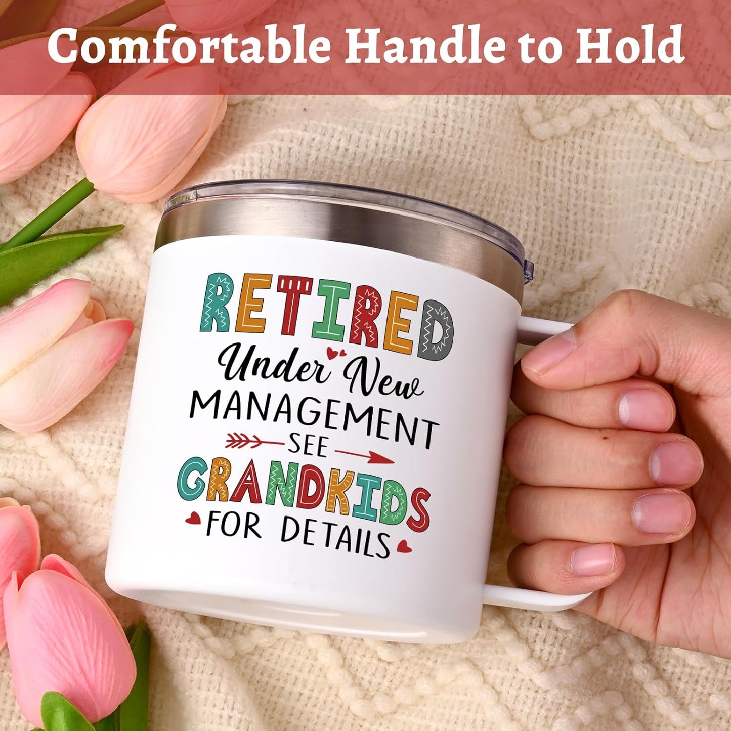 Lifecapido Retirement Gifts for Women, Retired Under New Management See Grandkids for Details Insulated Coffee Mug 14oz, Funny Happy Retirement Gifts Christmas Mothers Day Gifts for Grandma, White