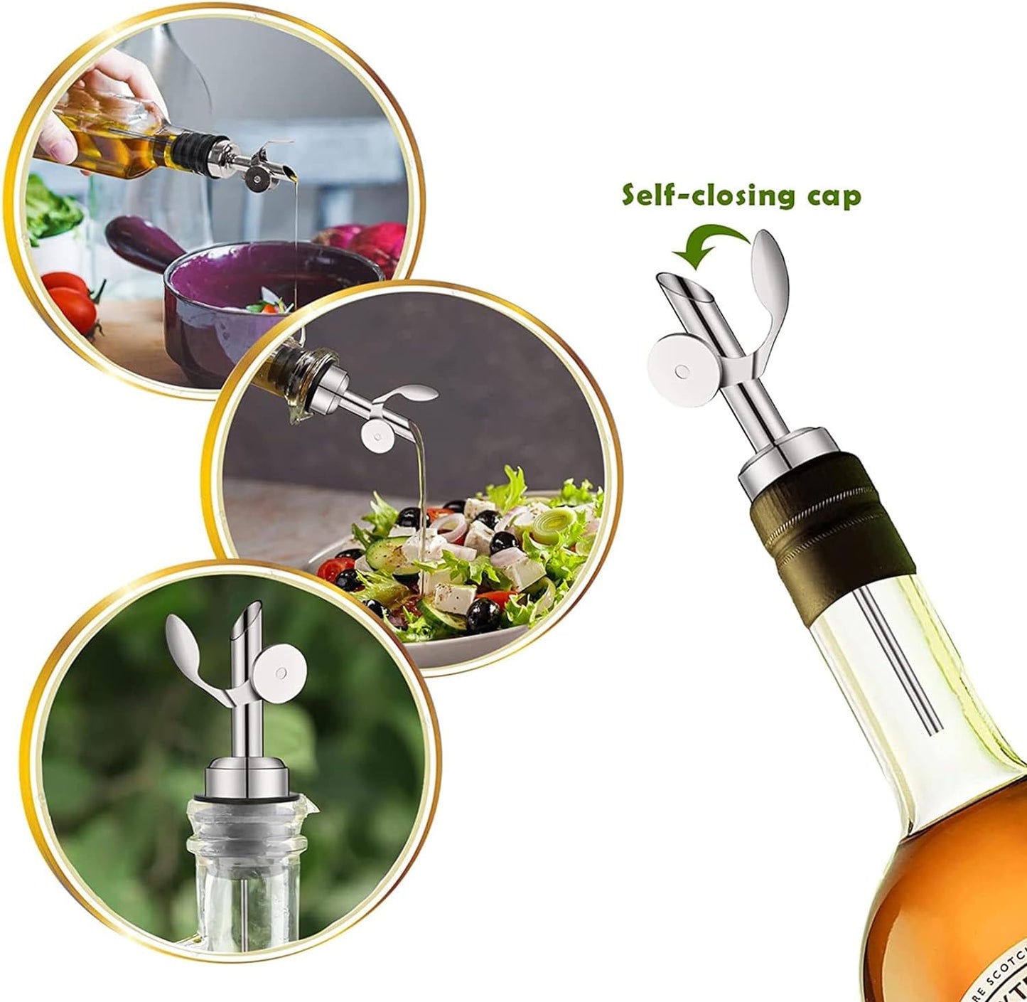 2Pcs Pour Spouts for Olive Oil Bottles with Sealed Rubber Pour Spout, Stainless Steel Pour Spout for Wine Liquor Bottles Leak-proof Auto Flip Olive Oil Dispenser Spout Kitchen Tools Silver