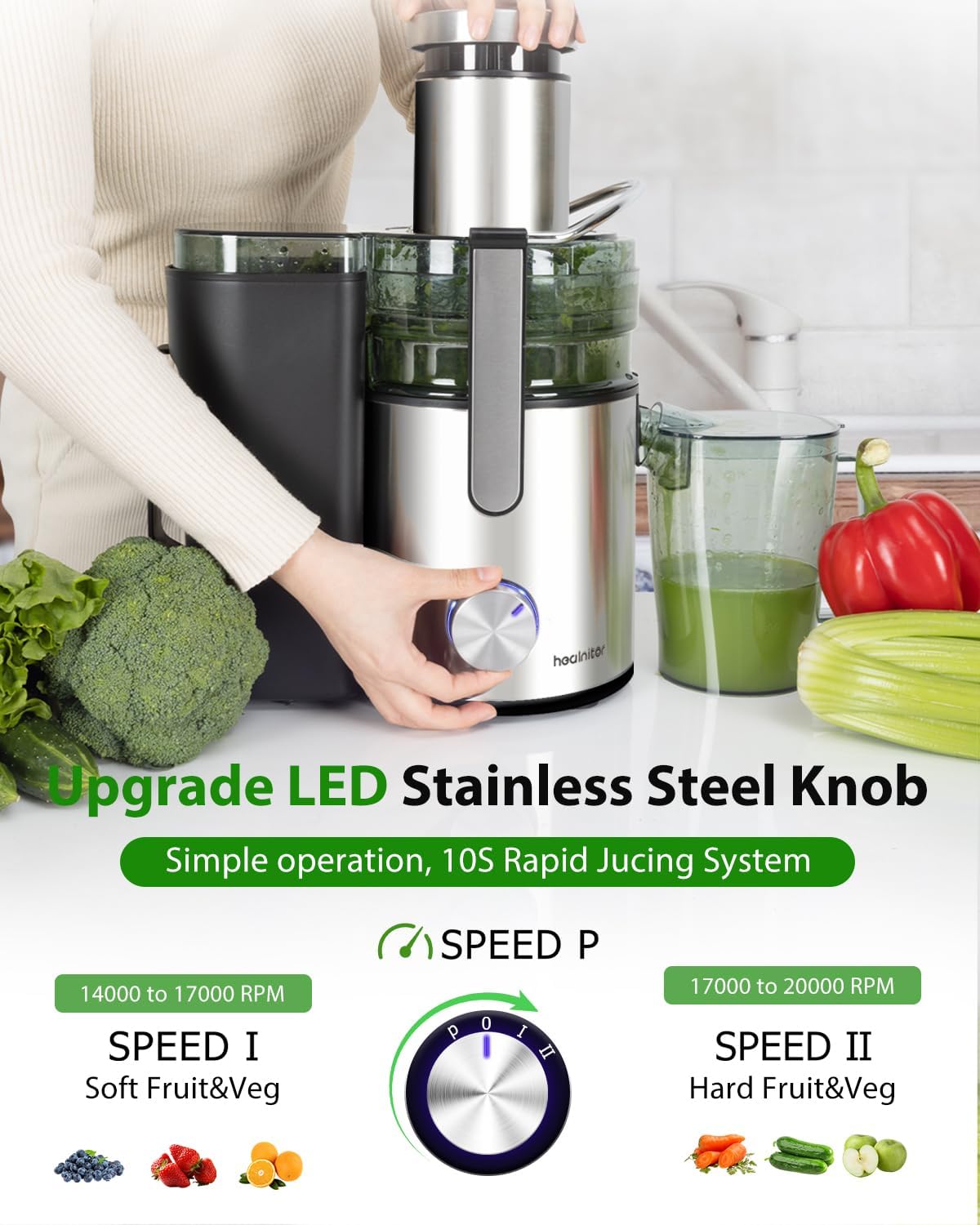 Healnitor 1000W 3-Speed LED Centrifugal Juicer Machines Vegetable and Fruit, 3.5" Big Wide Chute, Easy Clean, High Juice Yield, BPA Free, Stainless Steel