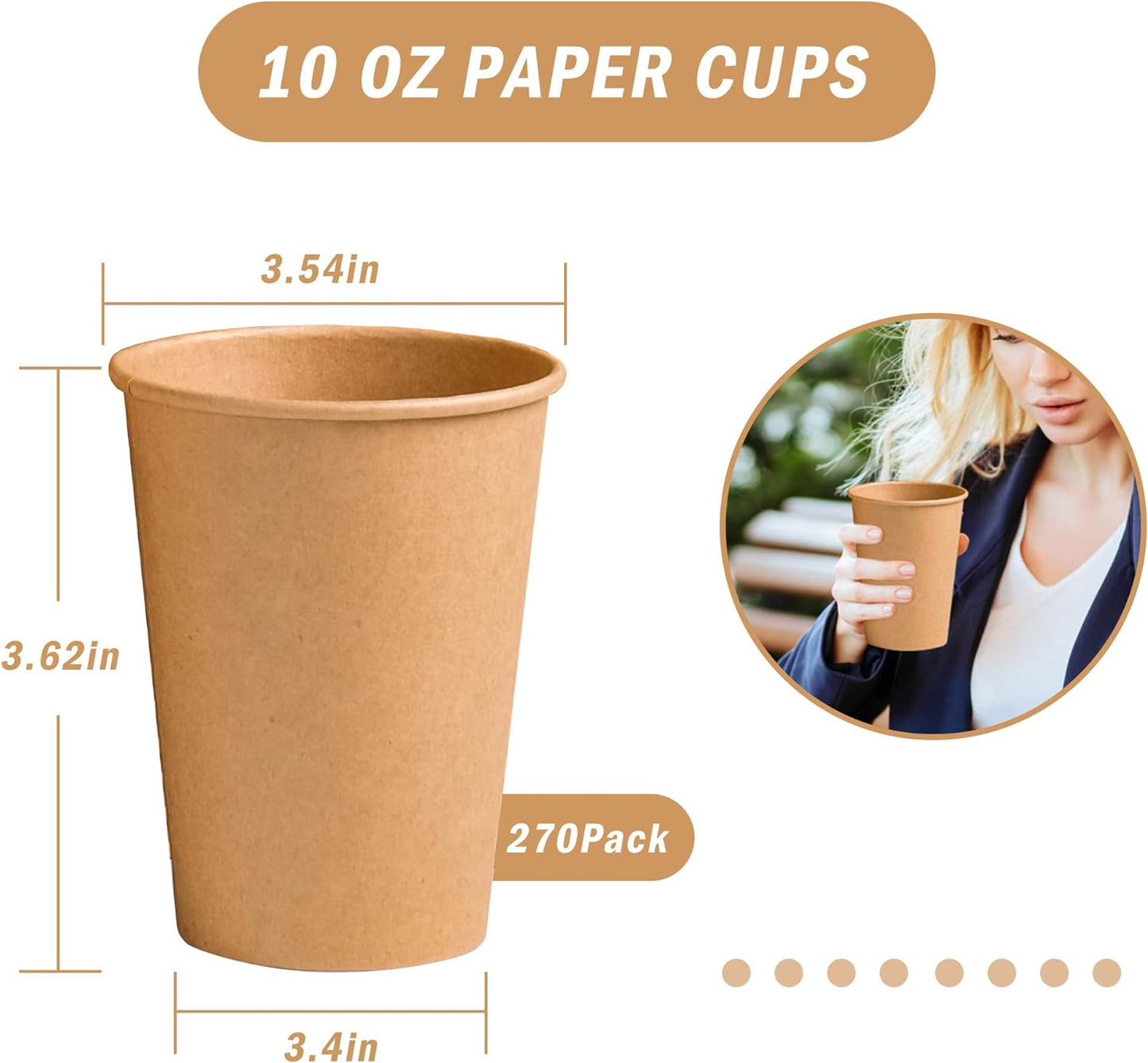 10OZ Disposable Paper Coffee Cup, 270 Count, Leak-Proof, Hot and Cold Beverages, Natural Kraft, Home Use