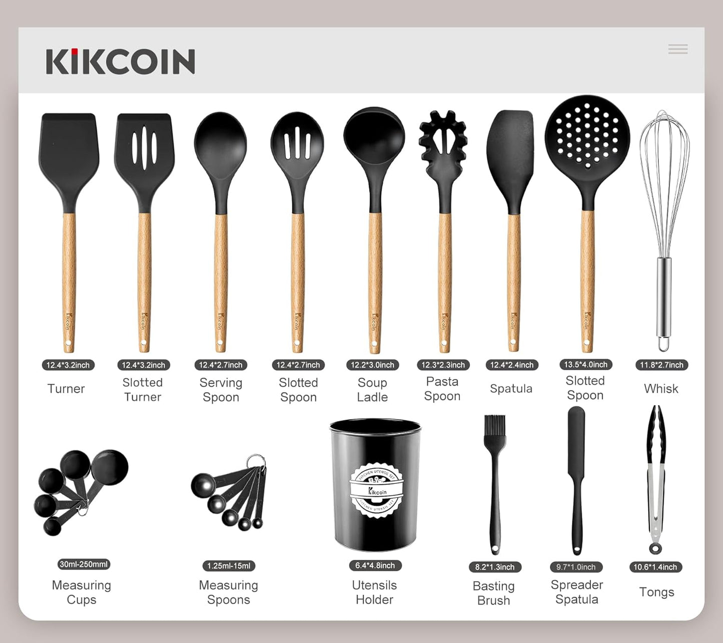 23 PCS Kitchen Utensils Set, Kikcoin Wood Handle Silicone Cooking Utensils Set with Holder, Spatulas Silicone Heat Resistant Cooking Gadgets for Nonstick Cookware, Black