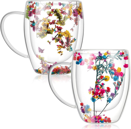 Rtteri 2 Pcs Double Wall Glass Coffee Mugs Clear Flower Coffee Mug with Handle 350 ml Creative Insulated Heat Resistant Coffee Cups for Tea Cappuccino Espresso Latte (Immortal Flower, Baby's Breath)