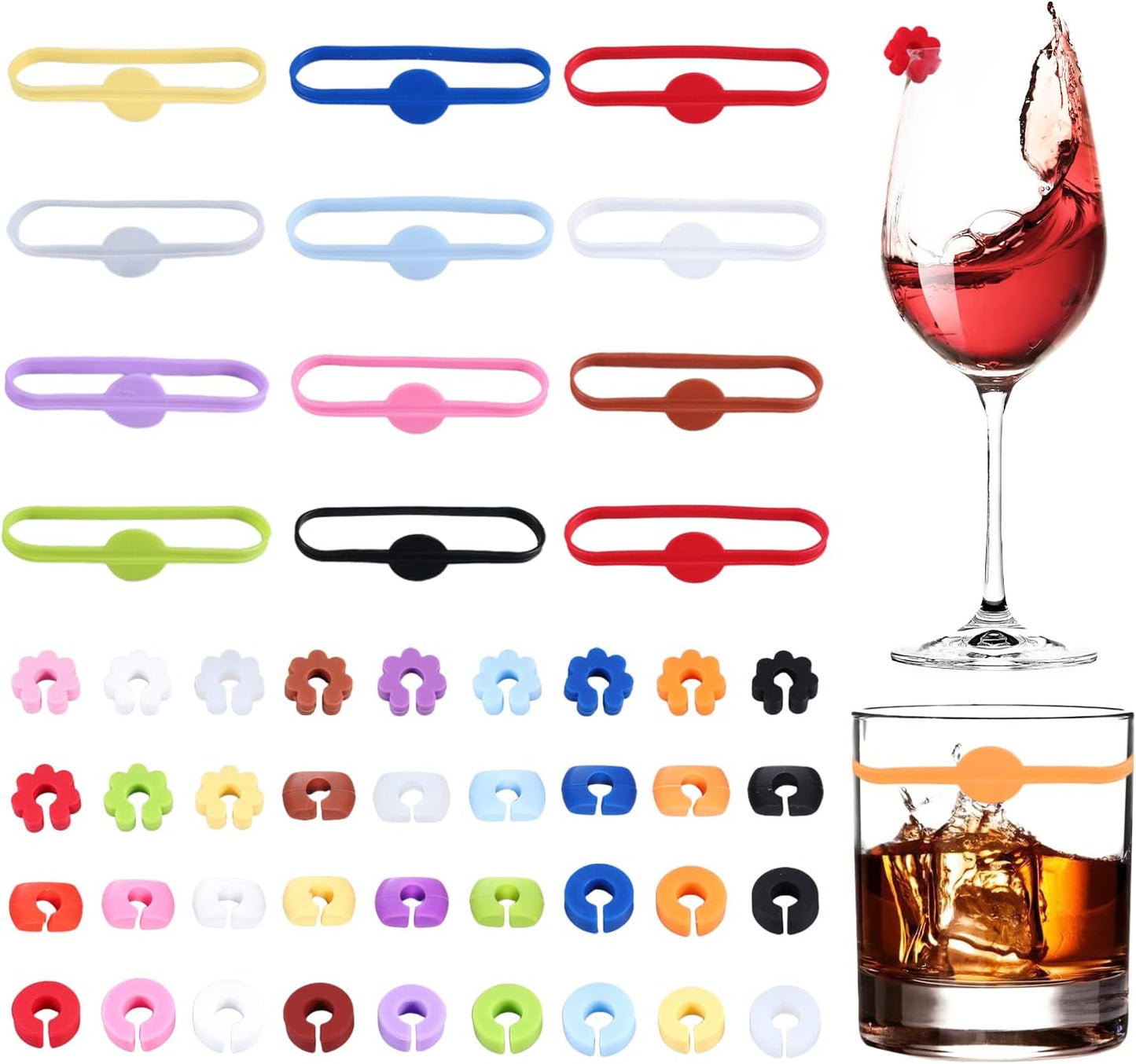 48 Pieces Drink Markers for Glasses, Silicone Wine Glass Markers for Bar Party, Bachelorette Party, Cocktail Glass Party, Birthday Party, 4 Styles