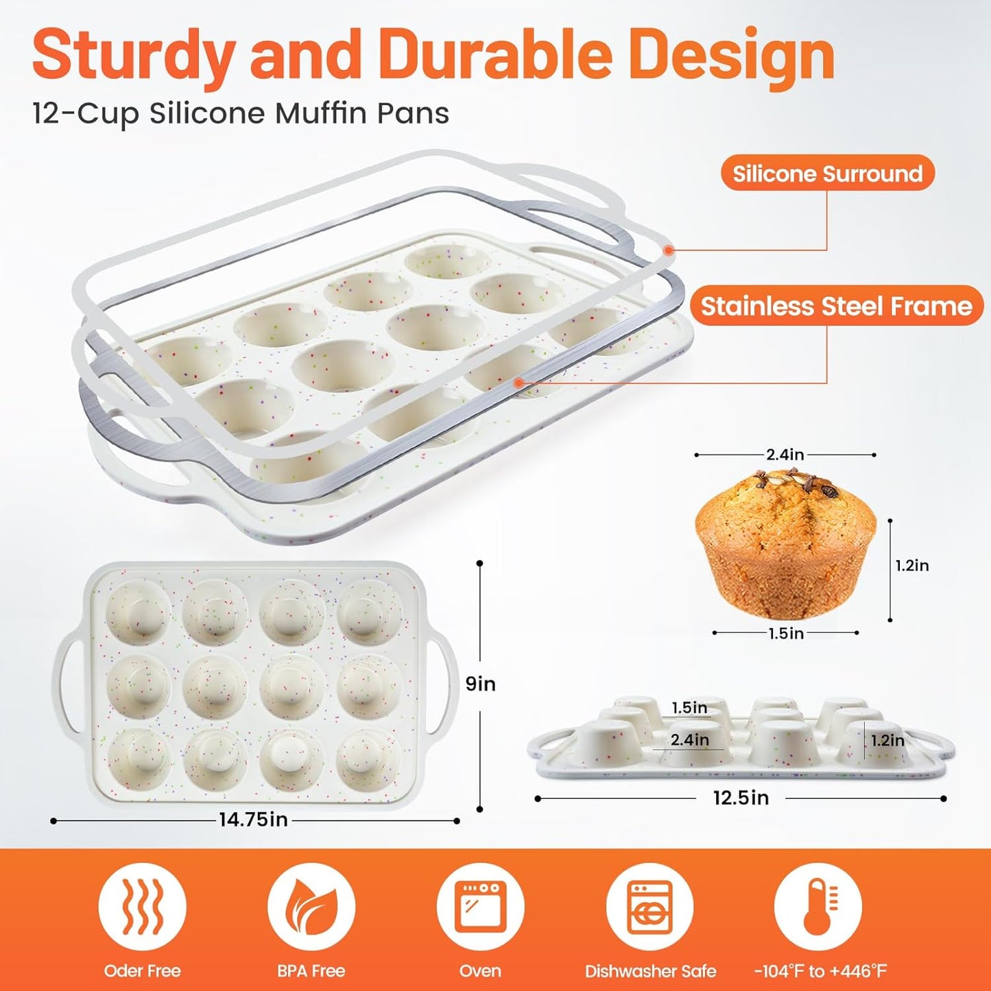 2Pack Small Silicone Muffin Pans with Metal Reinforced Frame, 12 Cup Easy to Release Silicone Cupcake Pan, BPA Free Silicone Muffin Tray, Cupcake Baking Pan for Oven Dishwasher Safe