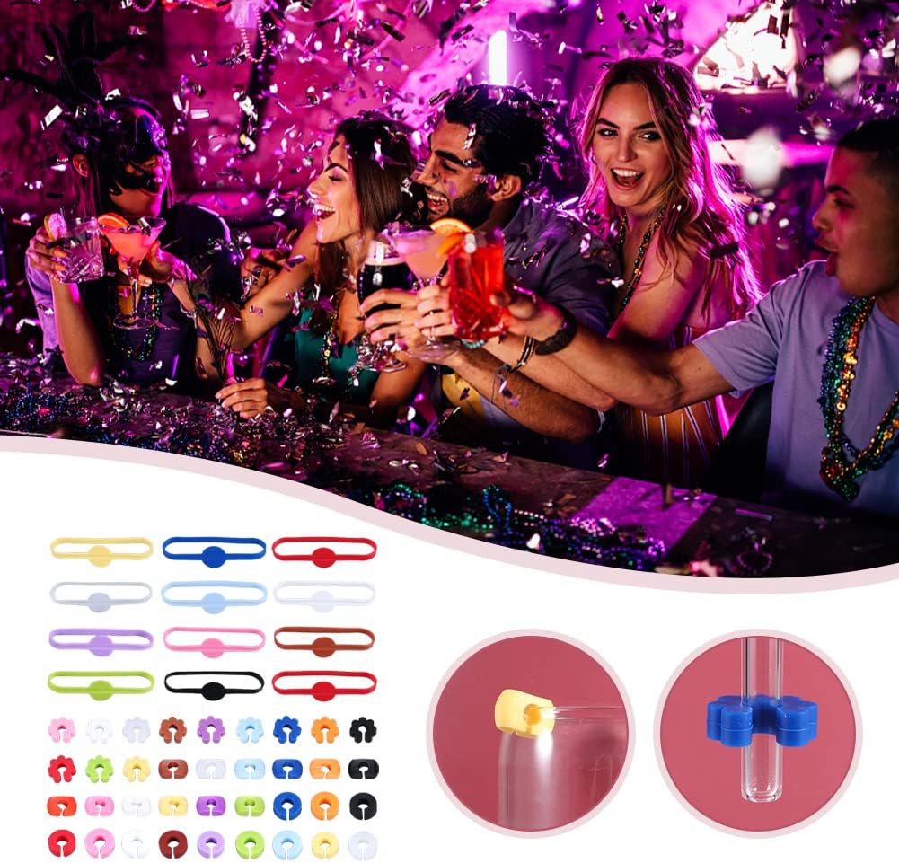 48 Pieces Drink Markers for Glasses, Silicone Wine Glass Markers for Bar Party, Bachelorette Party, Cocktail Glass Party, Birthday Party, 4 Styles