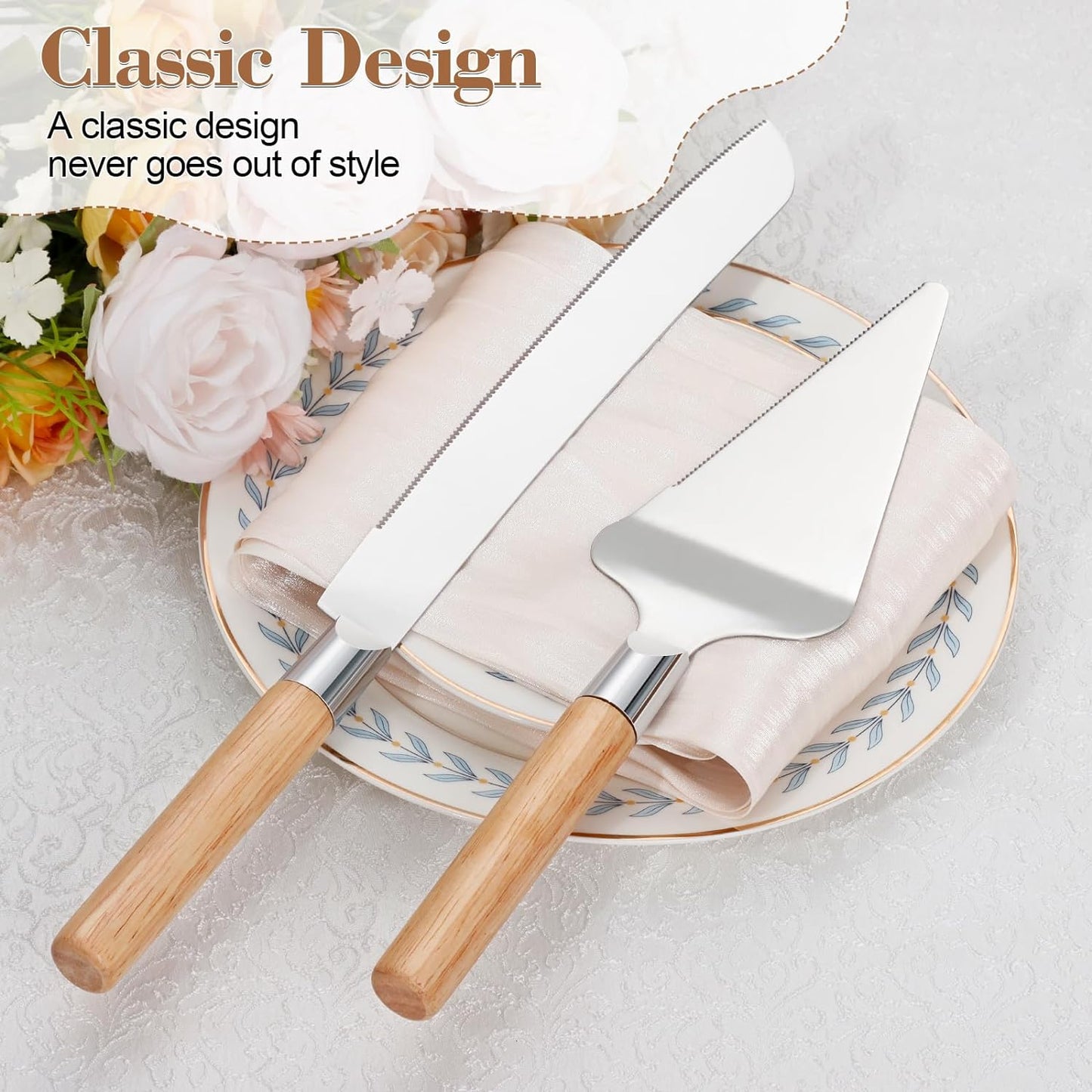 Cake Cutting Set for Wedding, Wood Cake Knife and Server Set, Vintage 2-Piece Pie Cutter Serving Set, Serrated Pizza Dessert Utensils, Bridal Anniversary Birthday Quinceañera Gift