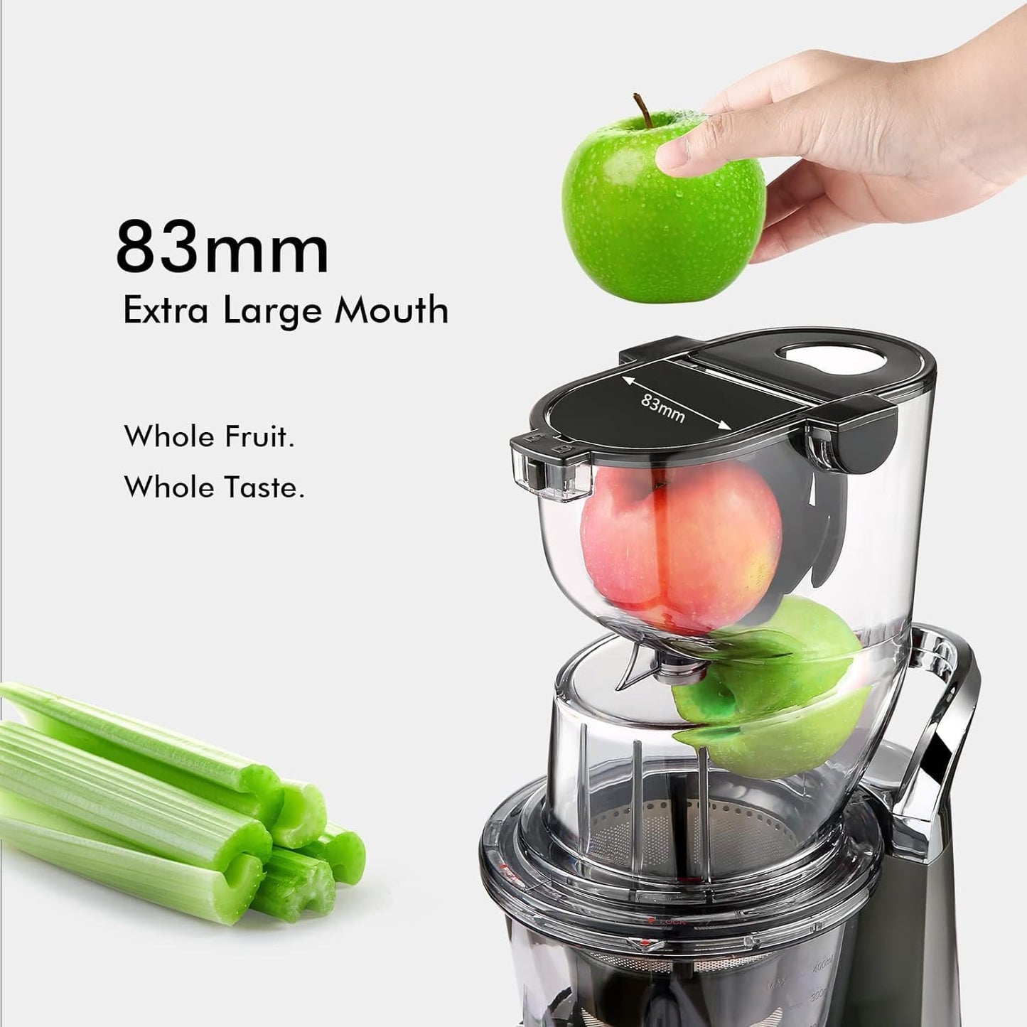 SiFENE Cold Press Juicer Machines, Big Mouth 83mm Opening Whole Slow Masticating Juicer, Easy-Clean Juice Extractor Maker For Full-Bodied Fruit & Veg Juice, High Yield, BPA-Free, Gray