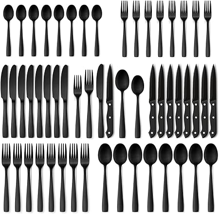 Hiware 48-Piece Matte Black Silverware Set with Steak Knives, Black Flatware Set for 8, Stainless Steel Tableware Cutlery Set, Utensil Sets for Kitchen