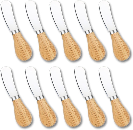 10 Pcs Cheese Spreader Knives, Mini Butter Knife Spreader with Wooden Handle, Stainless Steel Cheese Knife Set for Charcuterie Board, Sandwich, Appetizers, Cocktail Spreading Knife