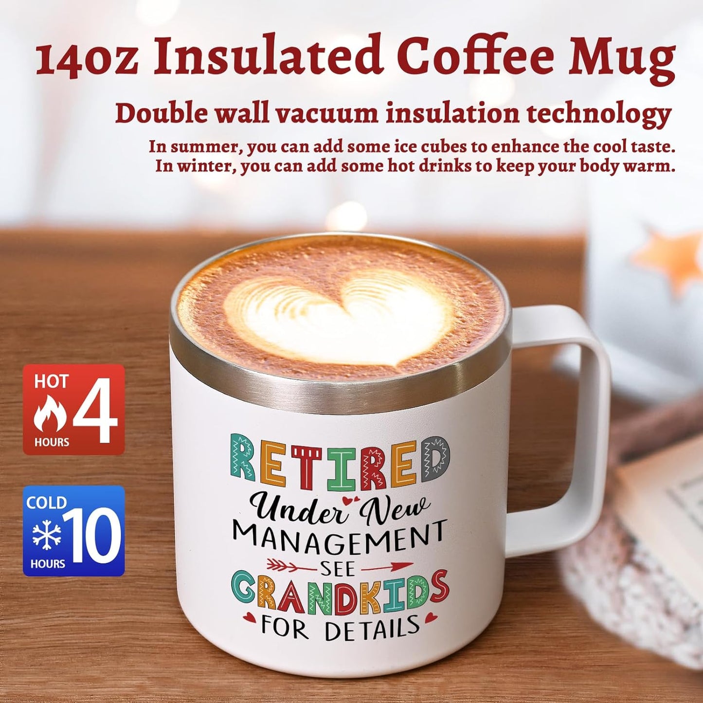 Lifecapido Retirement Gifts for Women, Retired Under New Management See Grandkids for Details Insulated Coffee Mug 14oz, Funny Happy Retirement Gifts Christmas Mothers Day Gifts for Grandma, White