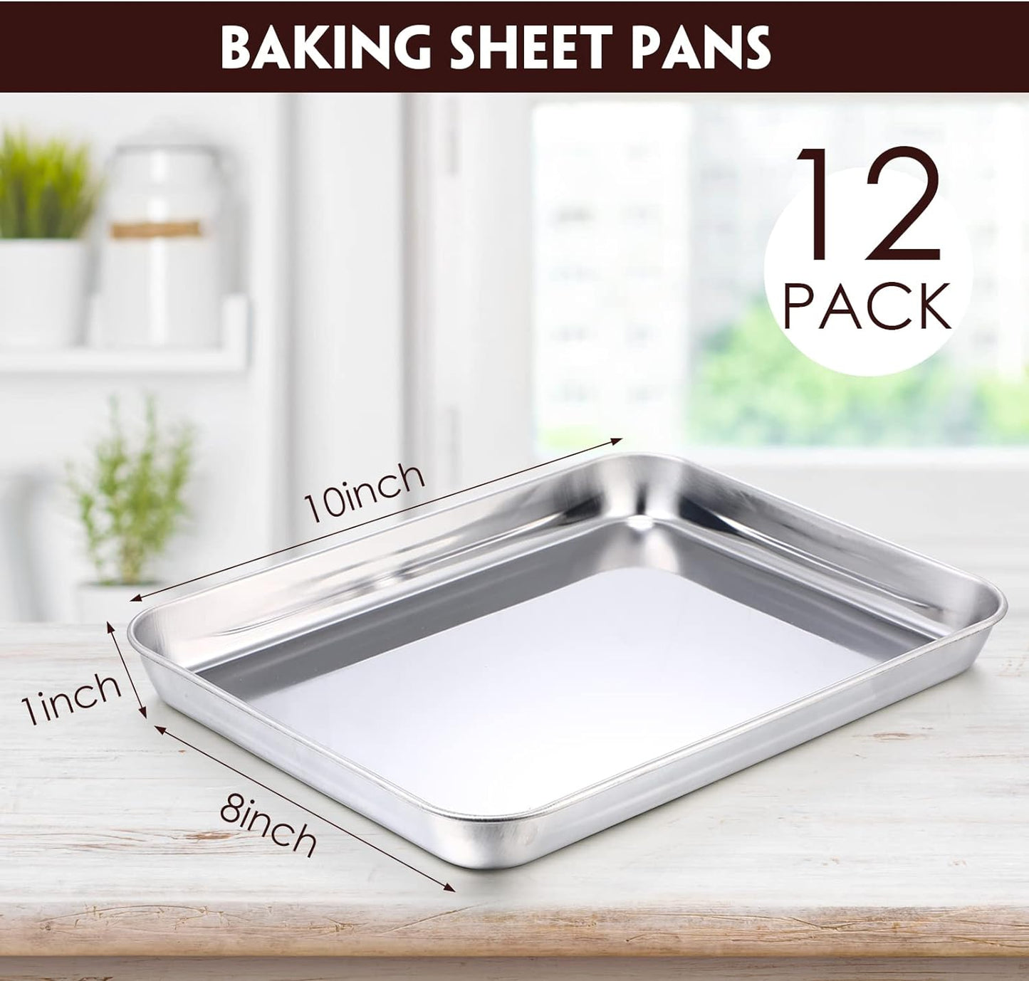 12 Pieces Baking Sheet Pan Cookie Sheet Set for Oven Stainless Steel Small Baking Pan 10 x 8 x 1 Inch Cake Toaster Roasting Metal Rectangle Trays, Oven and Dishwasher Safe