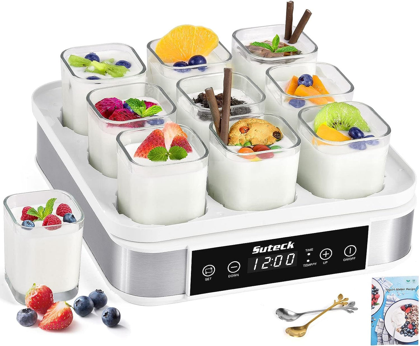 Suteck Yogurt Maker, Greek Yogurt Maker with Temperature Control & Timer, Automatic Digital Yogurt Makers with 9 Glass Jars, 2 Spoons & Recipe, Perfect for Home Organic Yogurt, Cheese/Natto Maker.