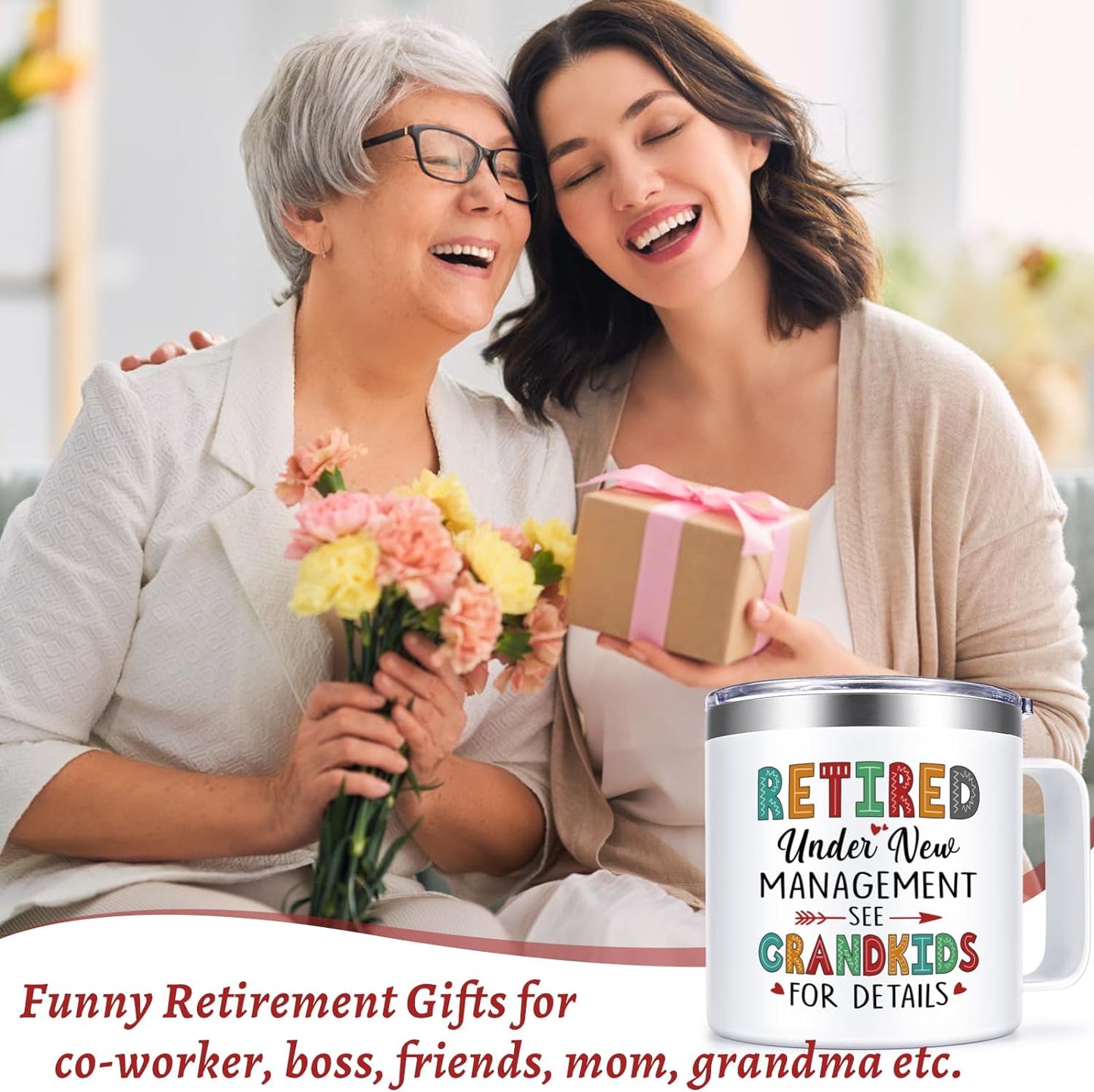 Lifecapido Retirement Gifts for Women, Retired Under New Management See Grandkids for Details Insulated Coffee Mug 14oz, Funny Happy Retirement Gifts Christmas Mothers Day Gifts for Grandma, White