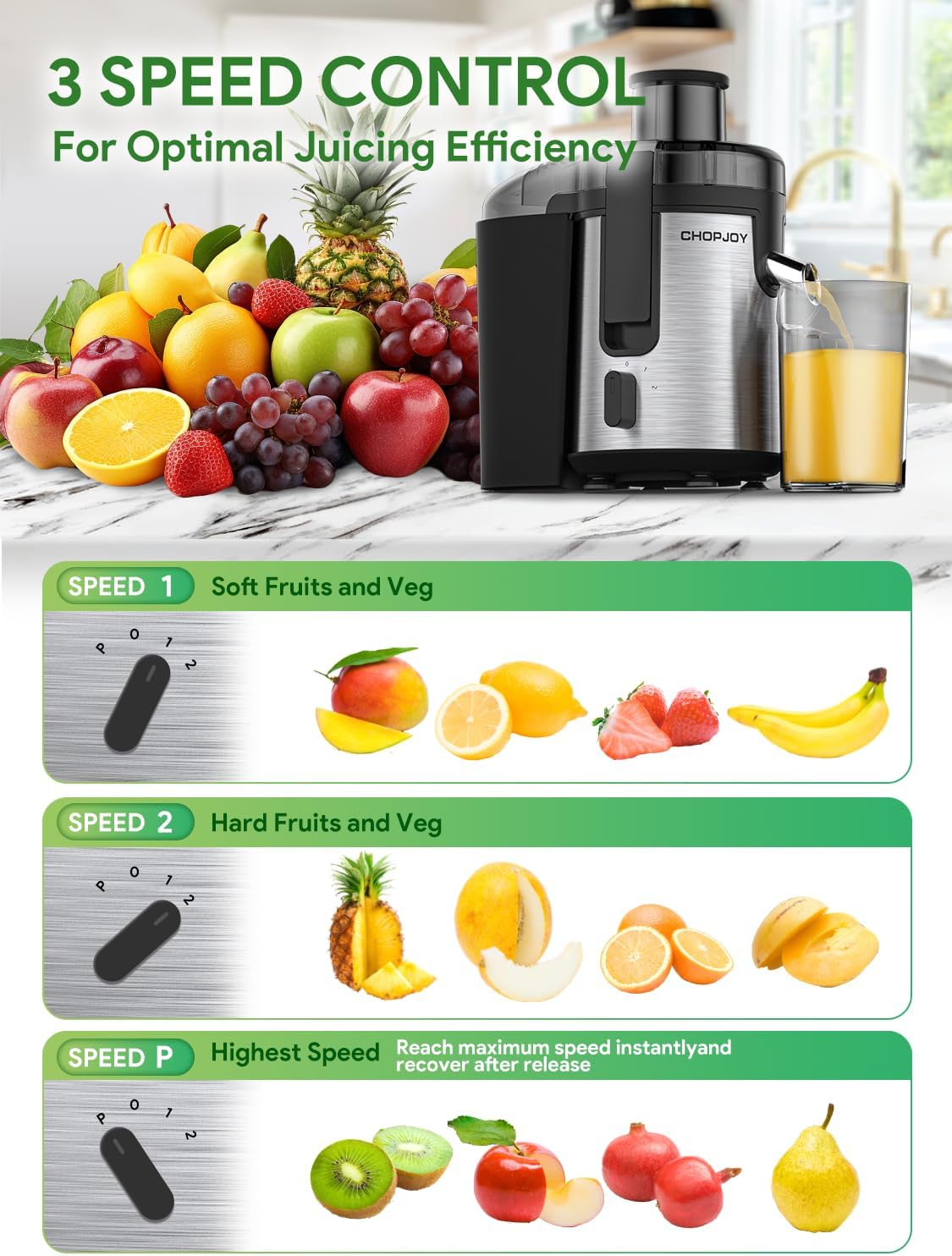 Juicer Machine, 500W Juicer for Fruit and Vegetable, Compact Centrifugal Juicer Extractor Juice Maker with 3-Speed Setting, Easy to Clean, Stainless Steel, BPA Free