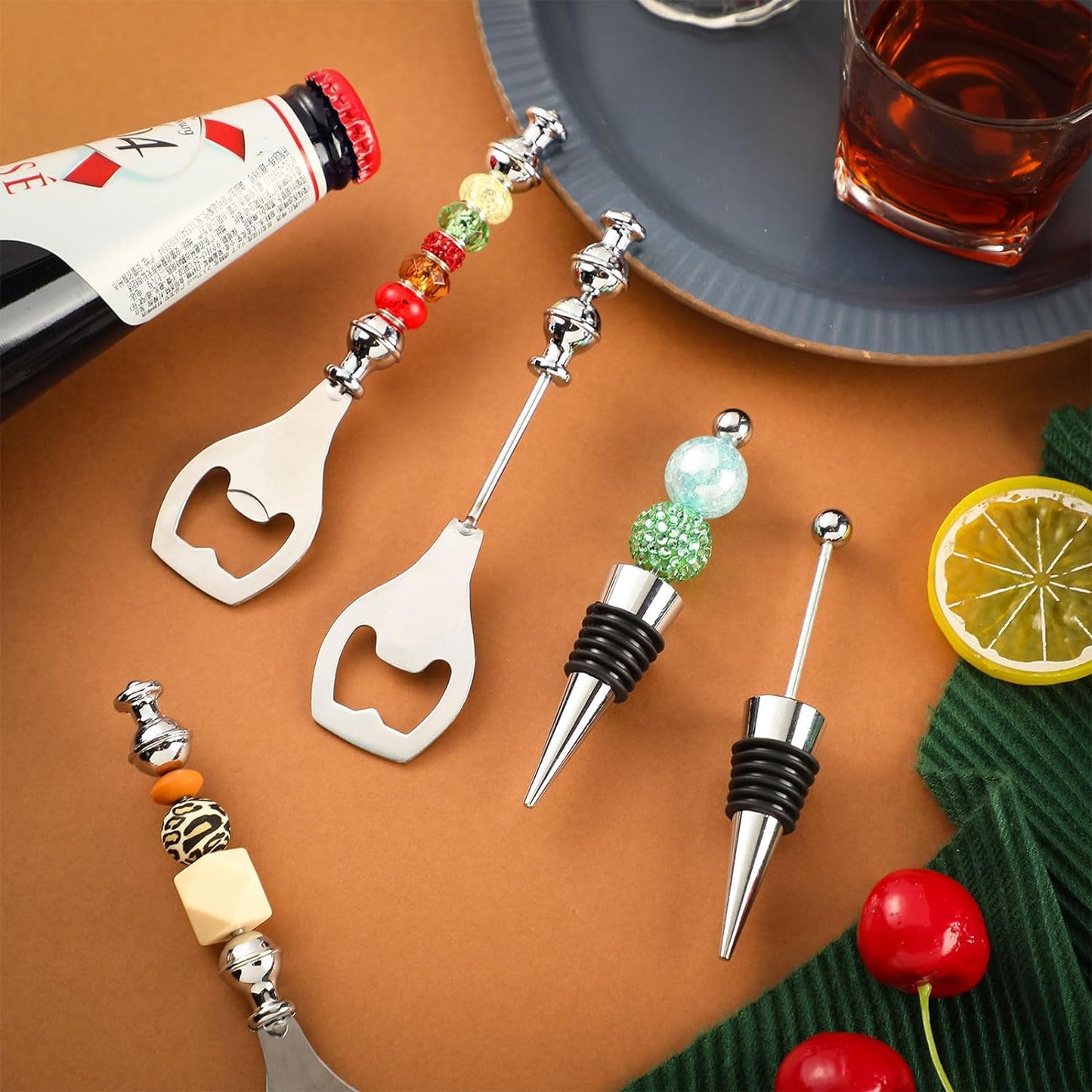 20 Pcs Beadable Wine Stoppers Bulk Beadable Beer Opener Set 10 Decorative Beaded Wine Bottle Stopper 10 Alloy Reusable Bottle Opener for Baby Shower Bar Party Wedding DIY Favor Gifts