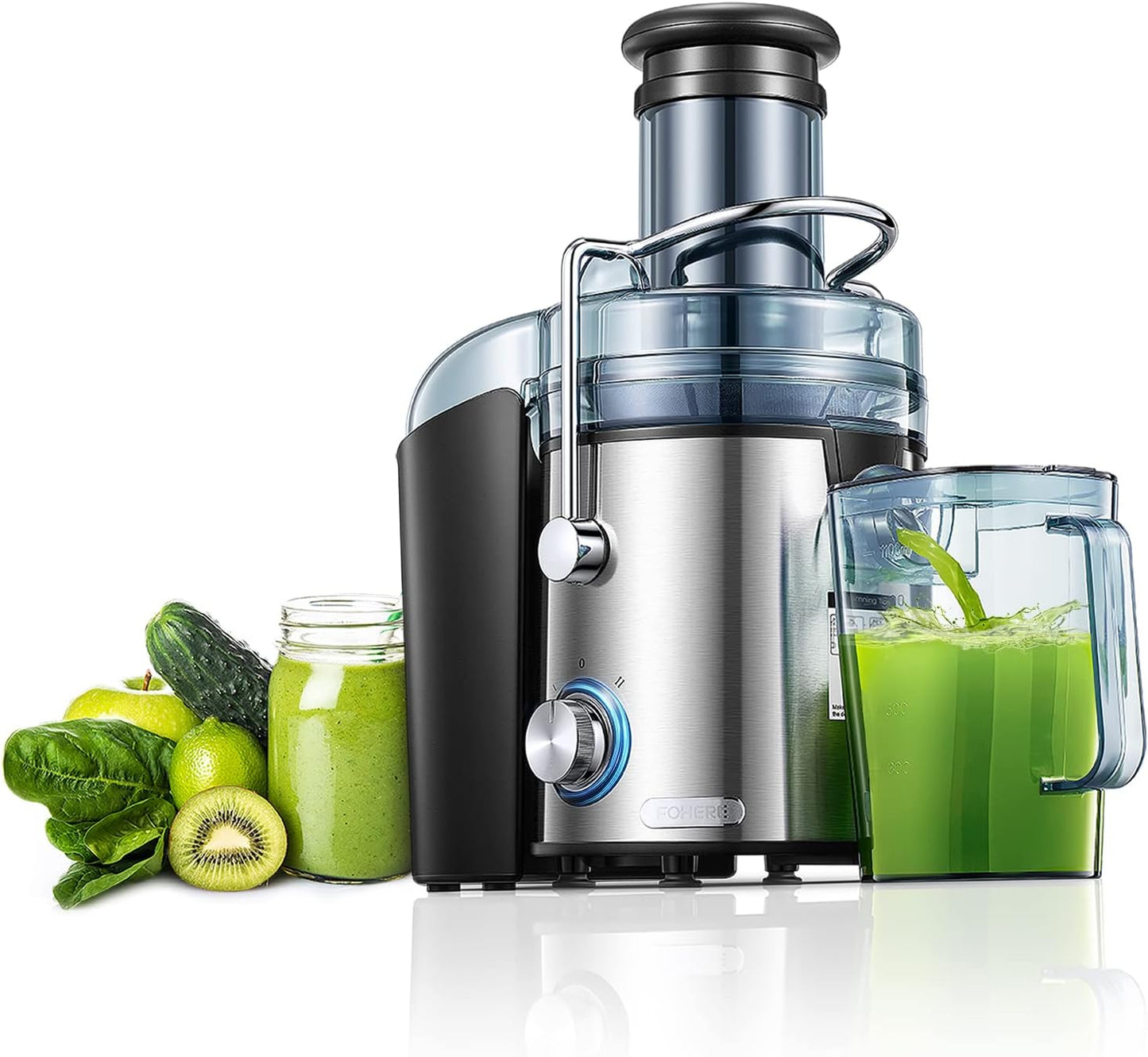 Juicer Machines, FOHERE 1000W Juicer Whole Fruit and Vegetables, Quick Juicing Easy to Clean, 75MM Large Feed Chute, Dual Speed Setting and Non-Slip Feet, Silver