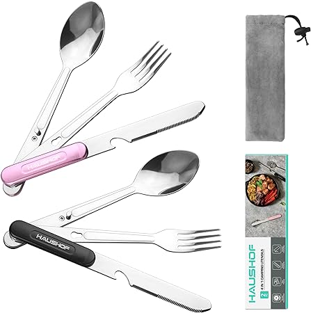 HAUSHOF 4-in-1 Camping Utensils, 2-Pack, Detachable Stainless Steel Spoon, Fork, Knife & Bottle Opener, Backpacking Cutlery for Traveling, Hiking, Picnic, Barbecue - Outdoor Flatware with Carrying Bag