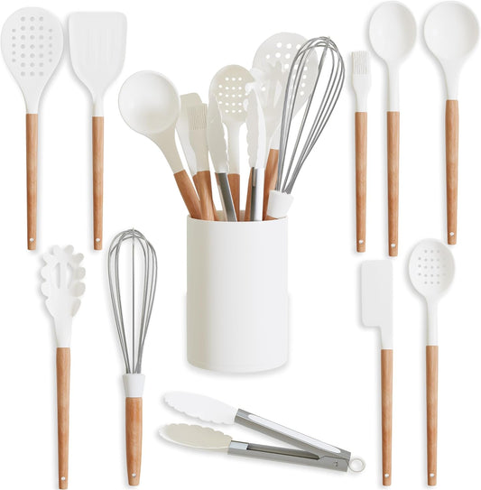 11-Piece White Silicone Kitchen Utensils Set | Heat-Resistant Cooking Tools with Beechwood Handles | Stain-Free & Non-Stick Utensil Set