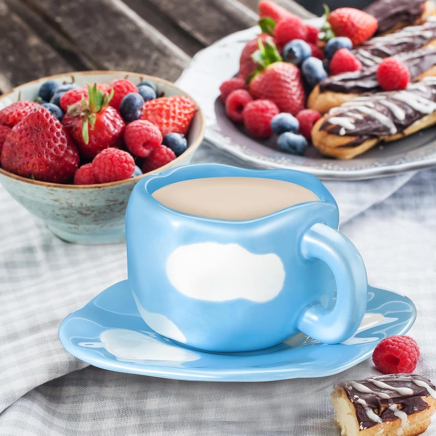 Sumind 3 Pcs Ceramic Coffee Mug with Saucer Set Irregular Creative Cute Mugs Ceramic Cup Chubby Mug for Latte Tea Milk Office Home, Dishwasher and Microwave Safe (Cloud)