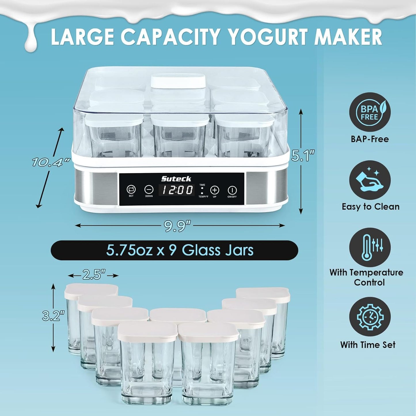 Suteck Yogurt Maker, Greek Yogurt Maker with Temperature Control & Timer, Automatic Digital Yogurt Makers with 9 Glass Jars, 2 Spoons & Recipe, Perfect for Home Organic Yogurt, Cheese/Natto Maker.