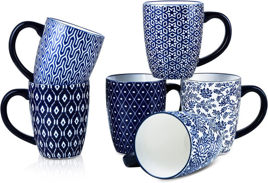 Selamica 16 oz Porcelain Coffee Mugs Set, Ceramic Tea Cup with Handle, dishwasher, oven, microwave safe, Christmas Gift, Pack of 6, Vintage Blue