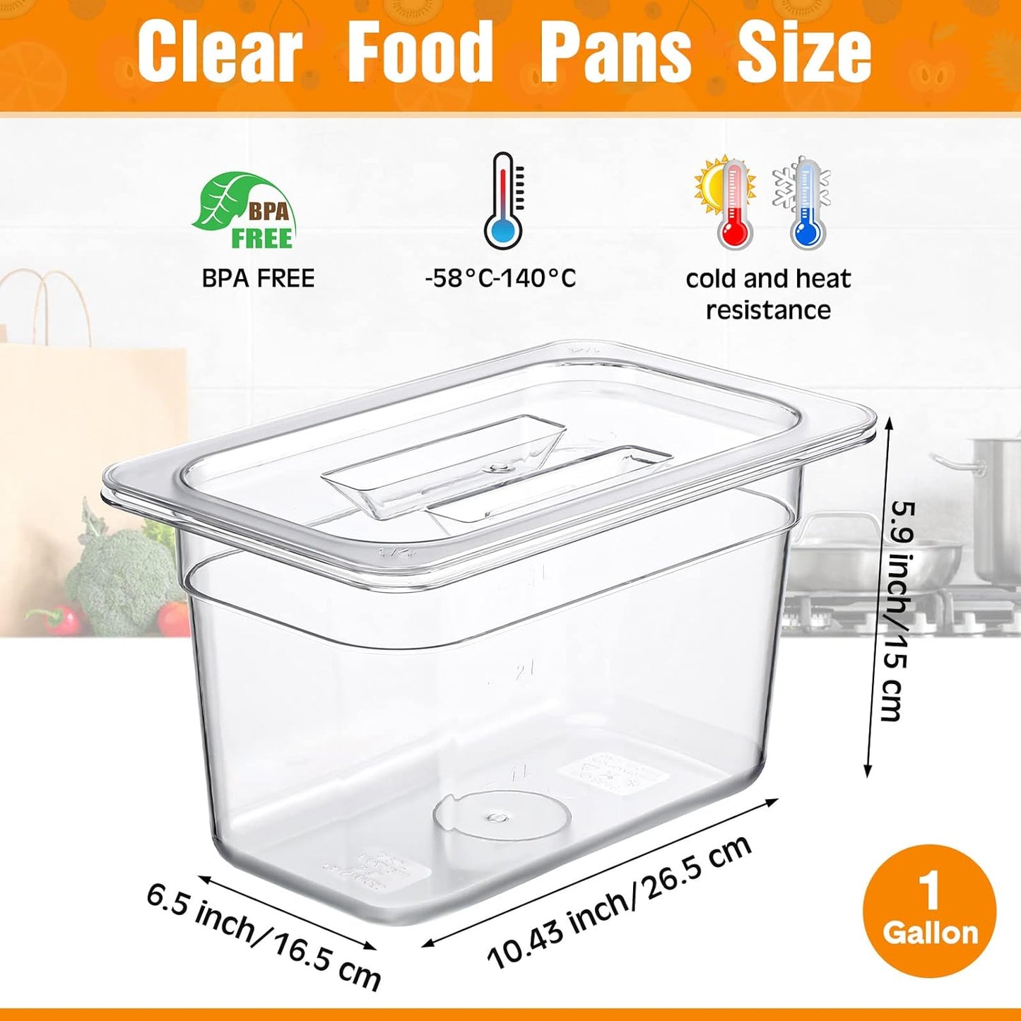 10 Pack Clear Food Pans with Lid Acrylic Transparent Food Pan Stackable Plastic Pan with Capacity Indicator Food Storage Containers Restaurant Supplies Hotel Pan for Fruits Vegetables (6 Inch High)