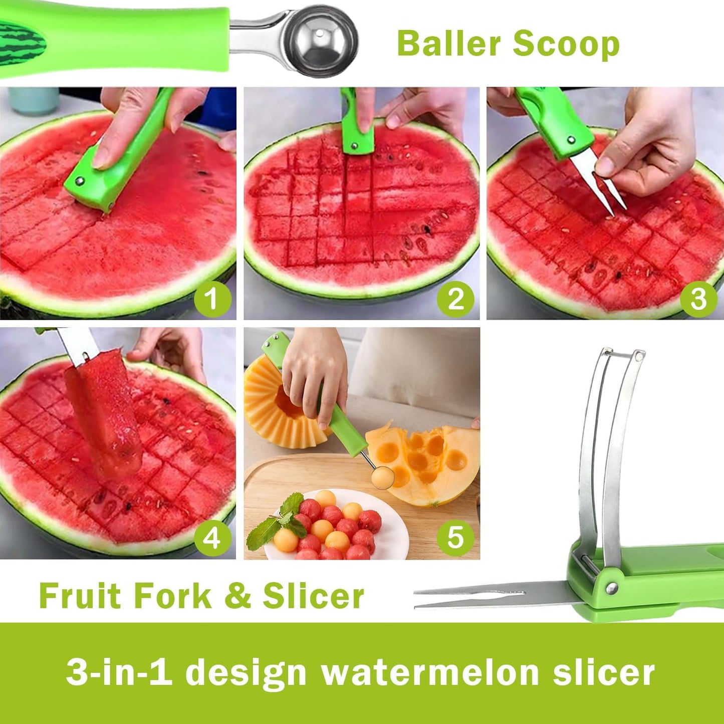 Watermelon Slicer Cutter Knife with Melon Baller Scoop Set，Fruit Scooper Watermelon Knife for Ice Cream Melon，Dig Pulp Separator Fruit Slice