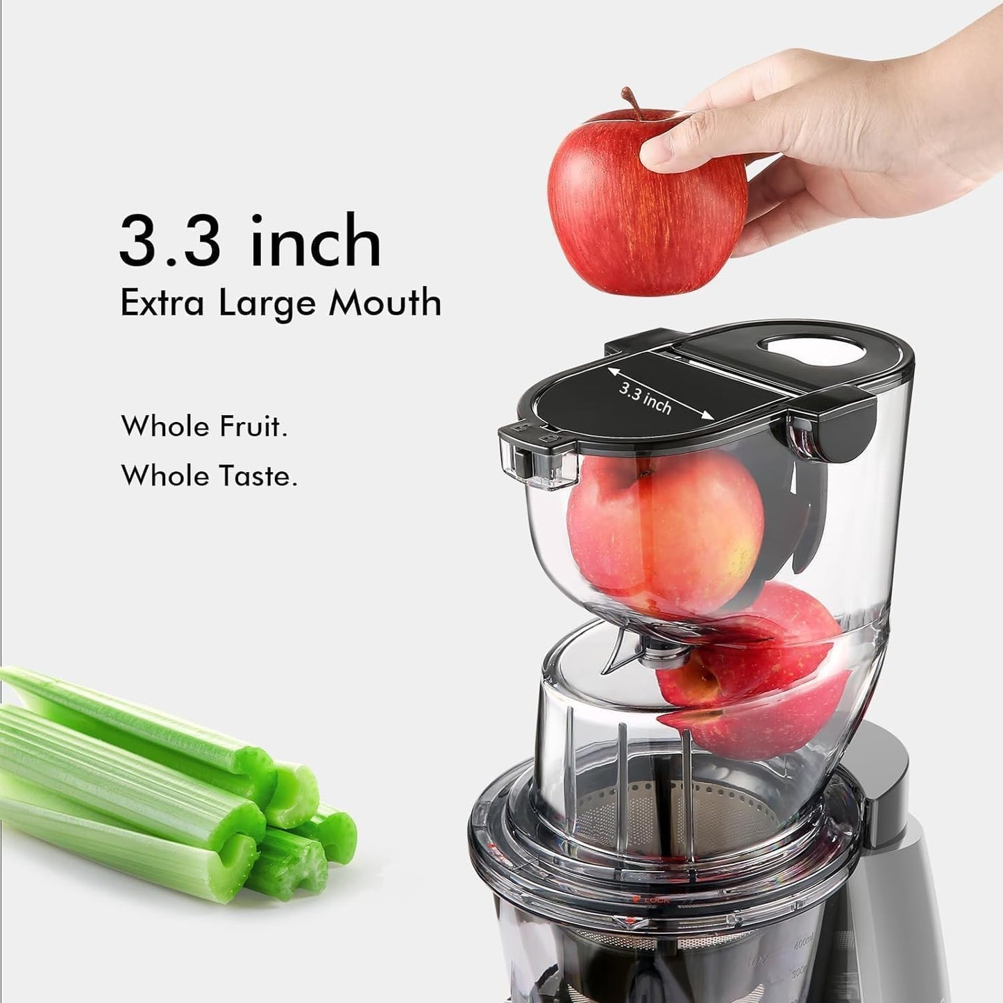 SiFENE Whole Fruit Cold Press Juicer Machine - Vertical Slow Masticating Juicer with Large 3.3in Feed Chute - Easy to Clean, Design for Whole Fruits & Vegetables, Gray