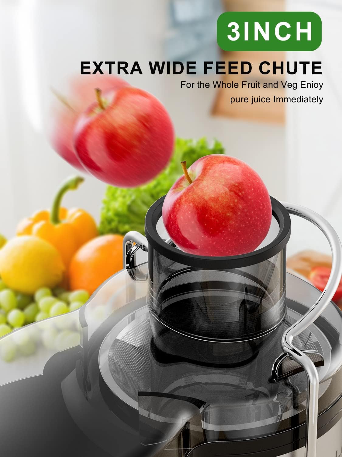 Juicer Machine, 500W Juicer with 3” Wide Mouth for Whole Fruits and Veg, Centrifugal Juice Extractor with 3-Speed Setting, Easy to Clean, Stainless Steel, BPA Free (Black)