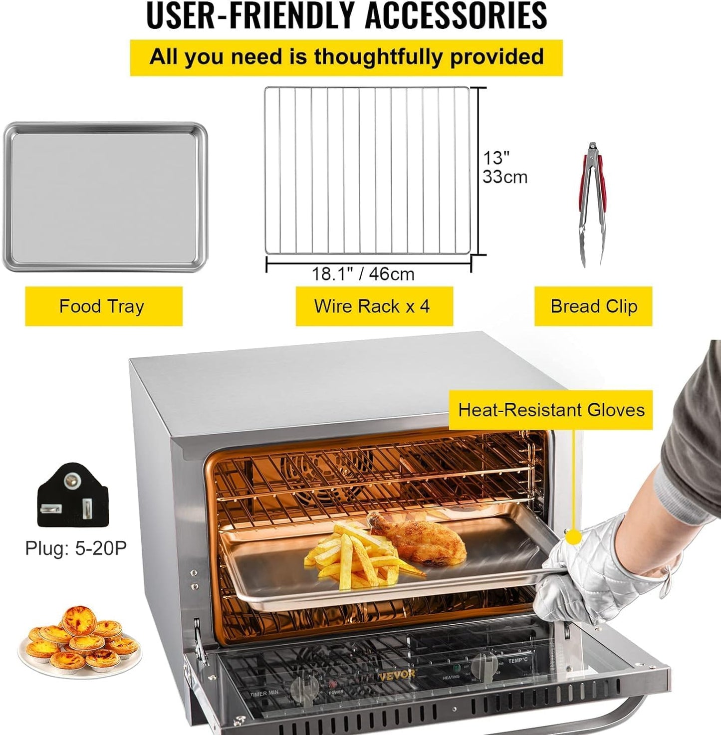 VEVOR Commercial Convection Oven, 66L/60Qt, Half-Size Conventional Oven Countertop, 1800W 4-Tier Toaster w/Front Glass Door, Electric Baking Oven w/Trays Wire Racks Clip Gloves, 120V