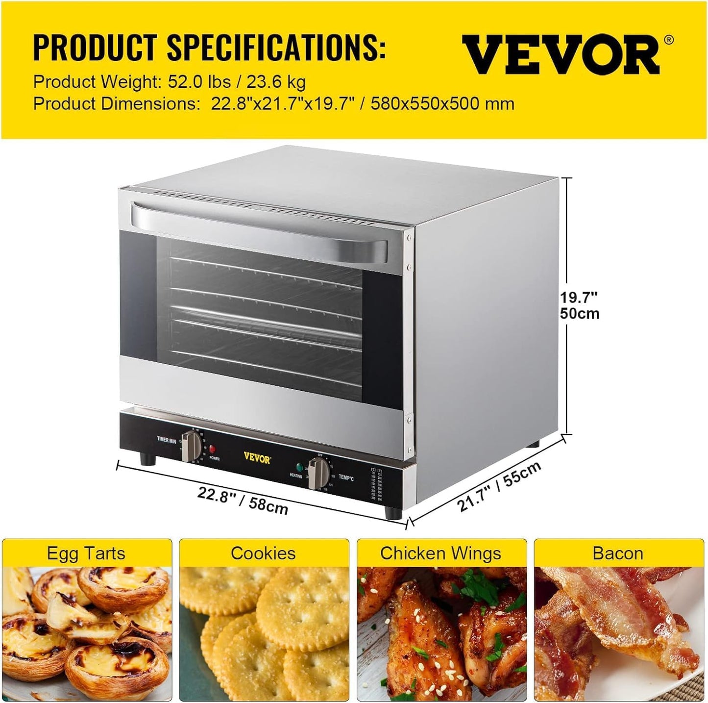 VEVOR Commercial Convection Oven, 66L/60Qt, Half-Size Conventional Oven Countertop, 1800W 4-Tier Toaster w/Front Glass Door, Electric Baking Oven w/Trays Wire Racks Clip Gloves, 120V