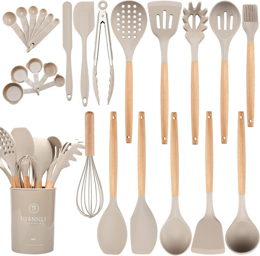 26Pcs Kitchen Utensils Set with Holder, Large Silicone Cooking Utensils Set for Nonstick Cookware Wooden Handle Spatulas Silicone Heat Resistant Kitchen Gadgets Utensil Sets (Khaki)