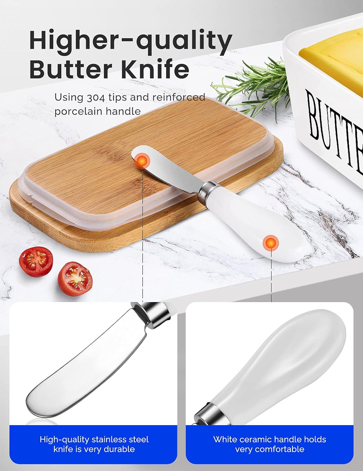 2 Pack Stainless Steel Butter Spreader Knife, Butter Knife with White Porcelain Handle, Cheese Butter Spreader Knives for Kitchen